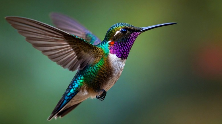 A hummingbird with iridescent purple and green feathers in flight