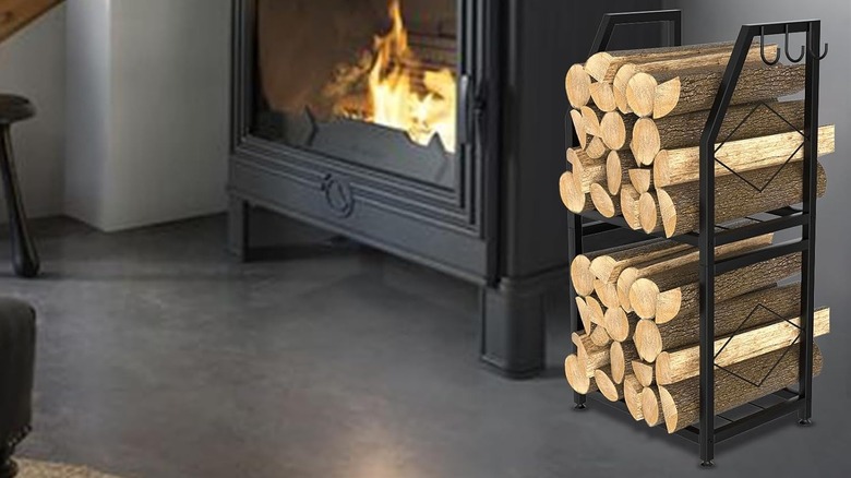 VyGrow indoor/outdoor firewood rack by a wood-burning stove