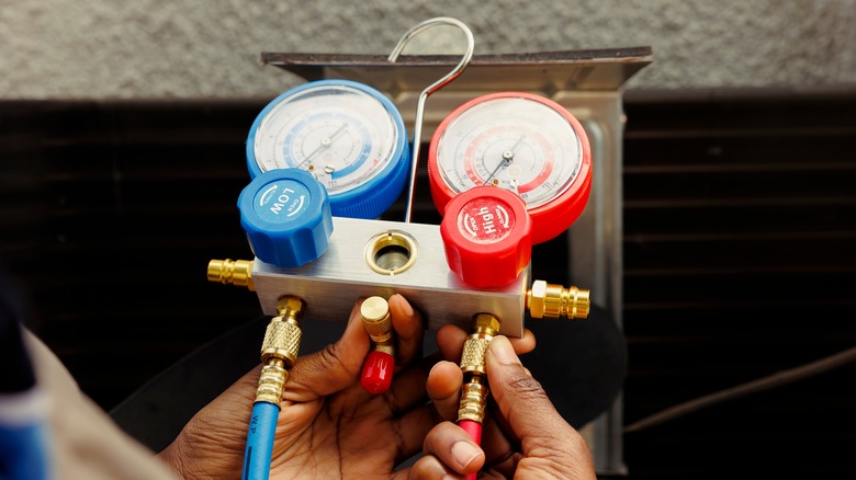 Manifold gauges used to measure HVAC line pressures