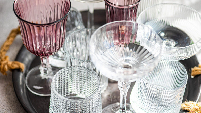 Tray of assorted stemed glass cups