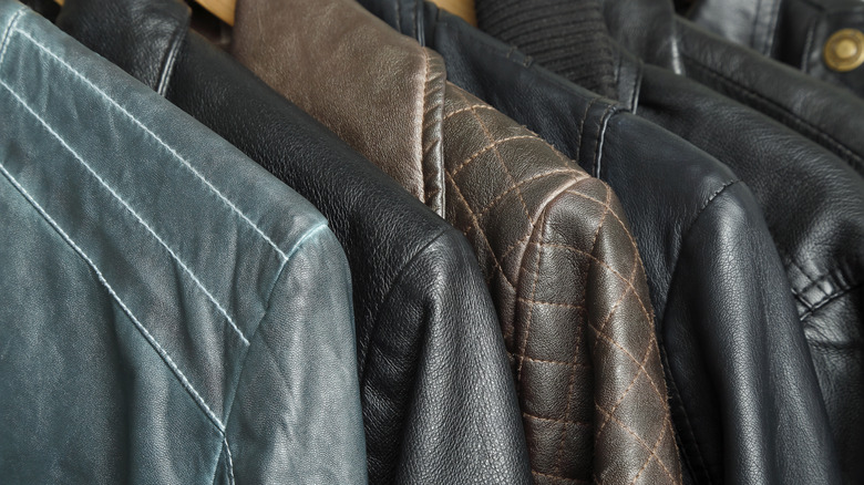 Collection of leather jackets on a rack