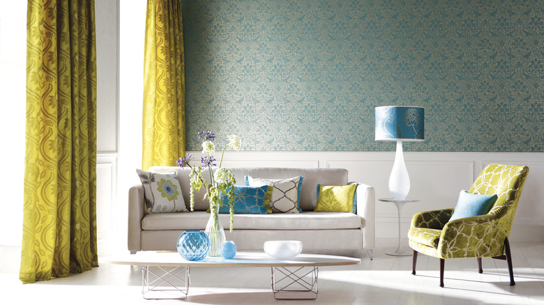A bright living room with wallpaper