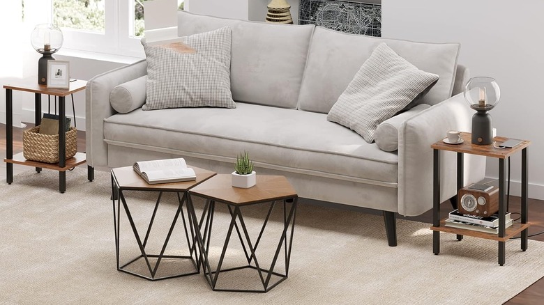 Traditional mid century modern living room with neutral color scheme and wood tables