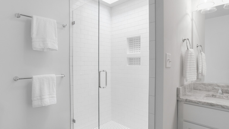 Minimalist white bathroom with large glass-enclosed shower
