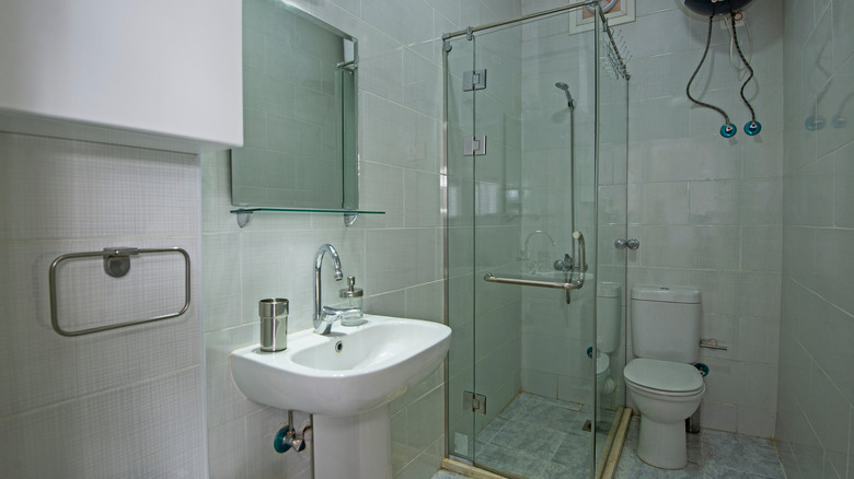 Interior design of a luxury show home bathroom with shower cubicle and sink