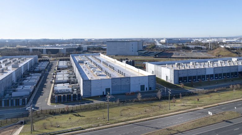 Aerial view of multiple large data centers in Ashburn, Virginia