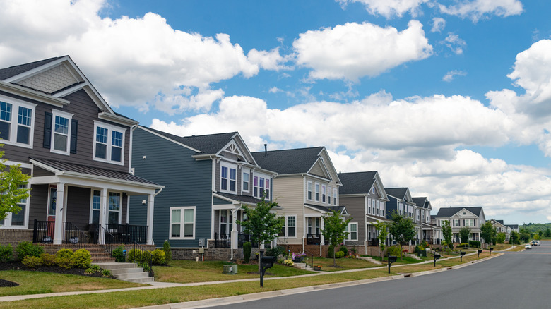 A row of two-story suburban homes on a sunny day in Leesburg, Virginia