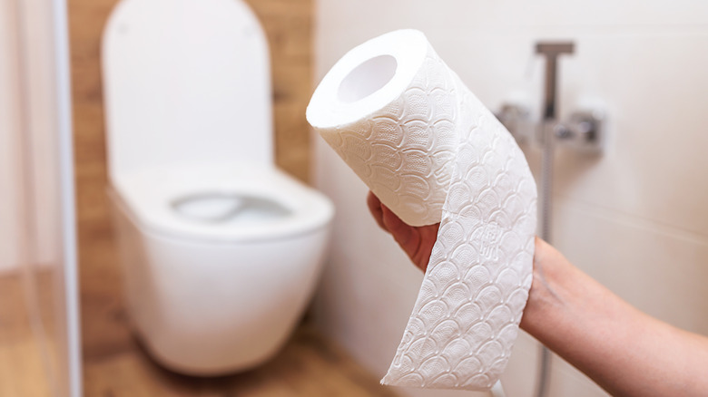 woman holding plush toilet paper