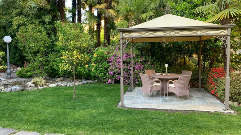 A secluded backyard pergola surrounded by lush plants