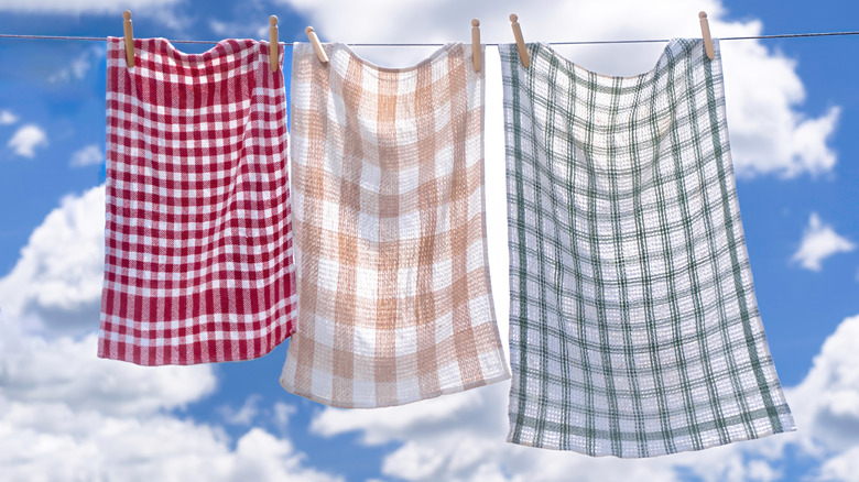 Dish towels hanging on a line outside