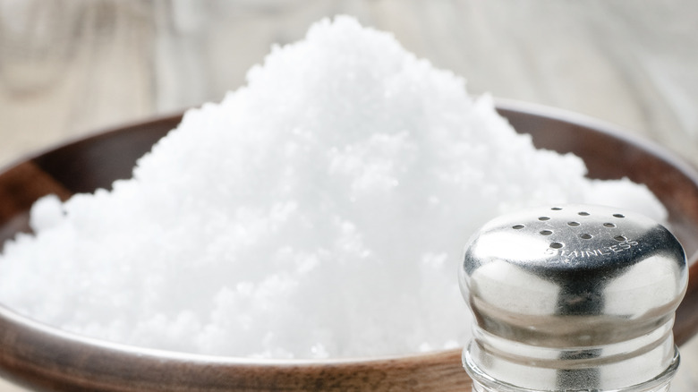 Salt shaker and wooden bowl