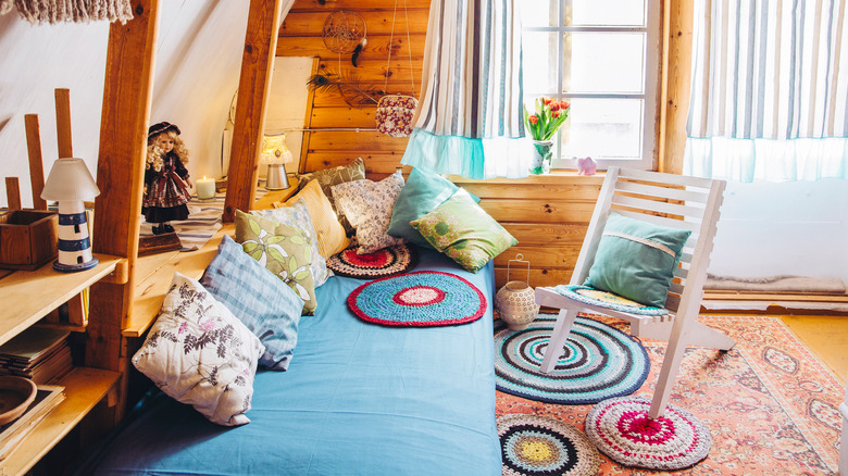 Colorful maximalist style bench seating