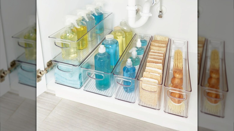 iDesign's Linus Deep Storage Bins in a cabinet beneath a sink