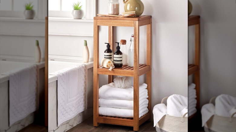 Mesa's 3-tier Acacia Storage Shelf in a bathroom setting