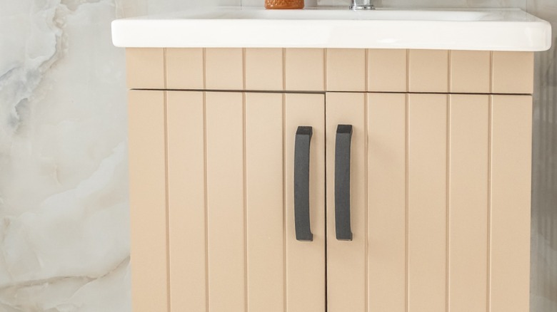 Two door wooden cabinet under the sink in a bathroom