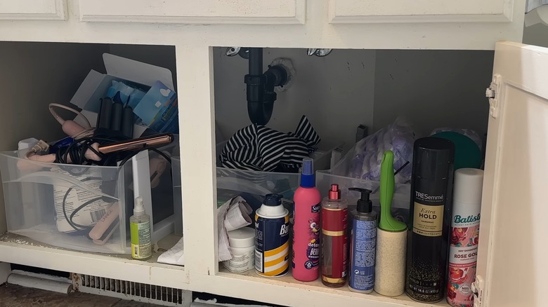 A cluttered under the sink space