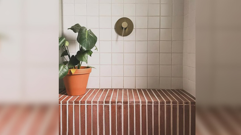 narrow terracotta tiles used for a shower ledge