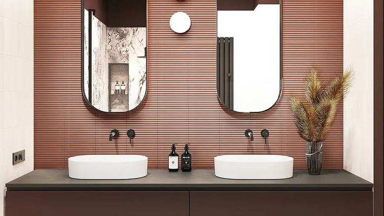 horizontal fluted tiles as an accent wall for a bathroom vanity