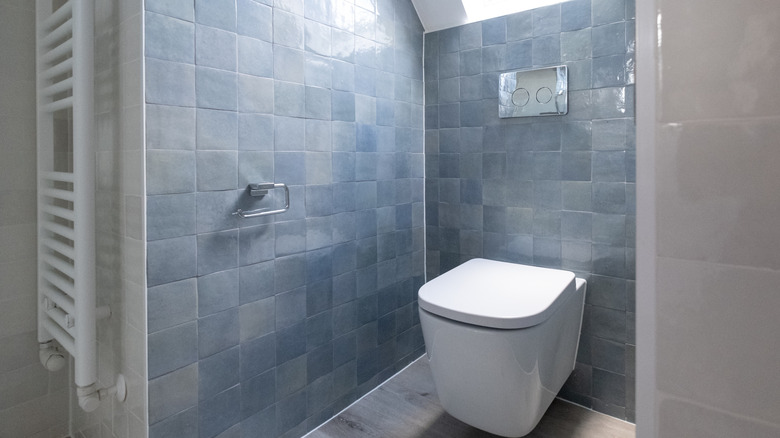 blue hand-crafted zellige tiles in a modern bathroom