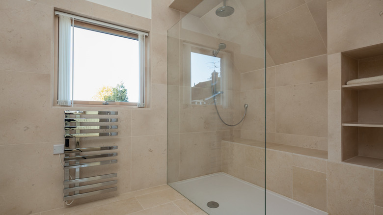 A curbless shower with a glass enclosure in a small bathroom