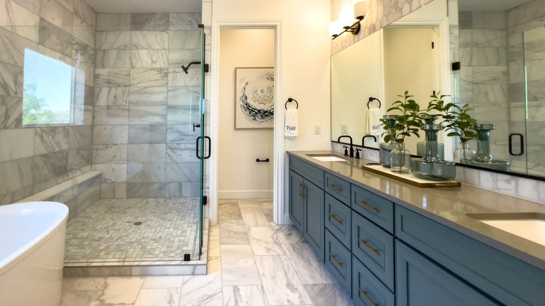 A bathroom with large freestanding shower behind a glass cubilce, edge of a large bath and a sink with blue cabinets beneath it.