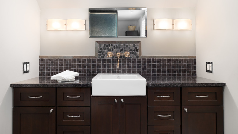 Dark bathroom countertop, rustic farmhouse