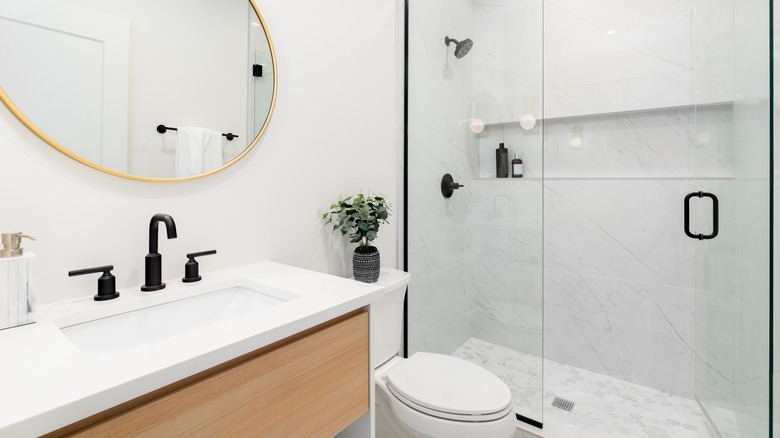 A walk-in shower with no grout lines