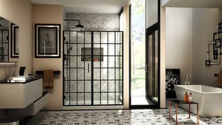 modern bathroom with conservatory-style shower enclosure