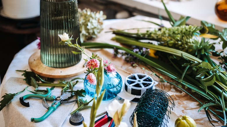 Floral items and tools on display