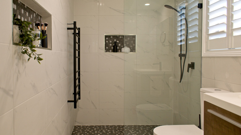 Shower with inset shelves