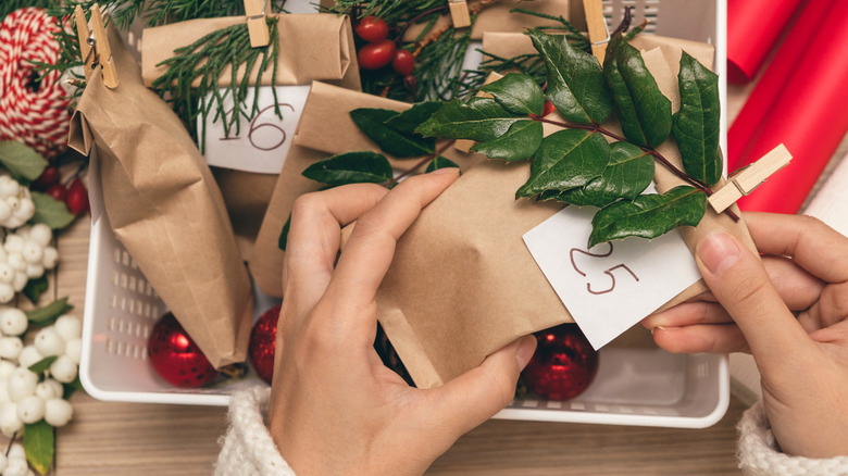 Person holding advent calendar envelope decorated with plant stems