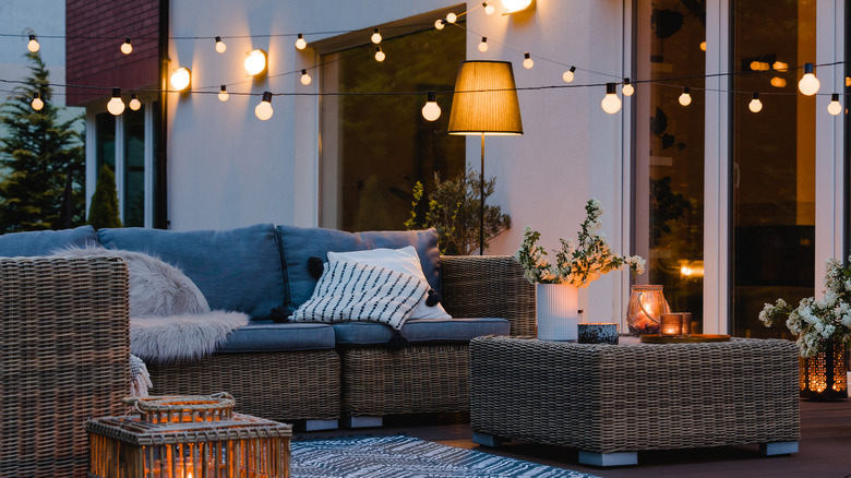 Backyard patio with lots of lights