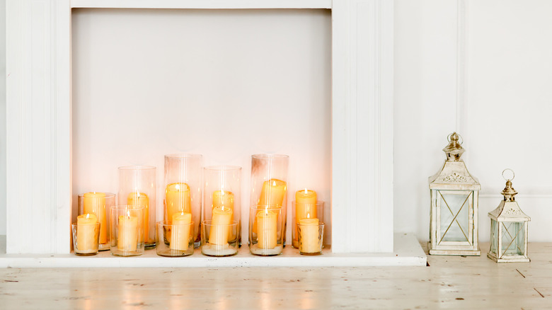 Candles in a fake fireplace