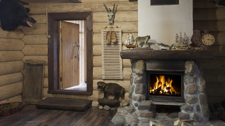 Log cabin with fake fireplace
