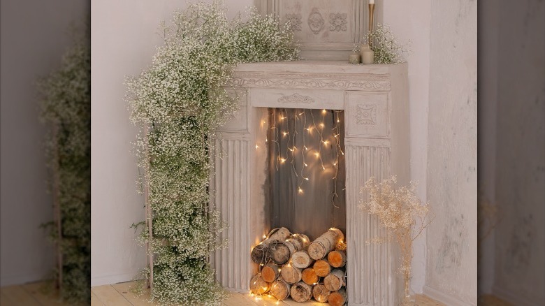Twinkle lights in a fireplace