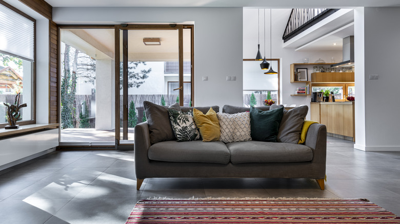 Modern living room without window treatments