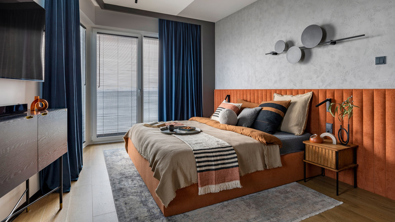 bold blue curtains in a bedroom