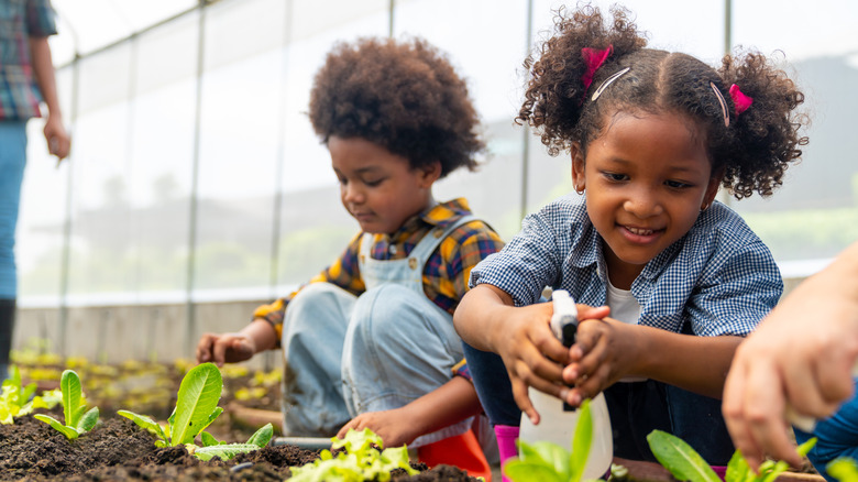 Kids working in a community garden