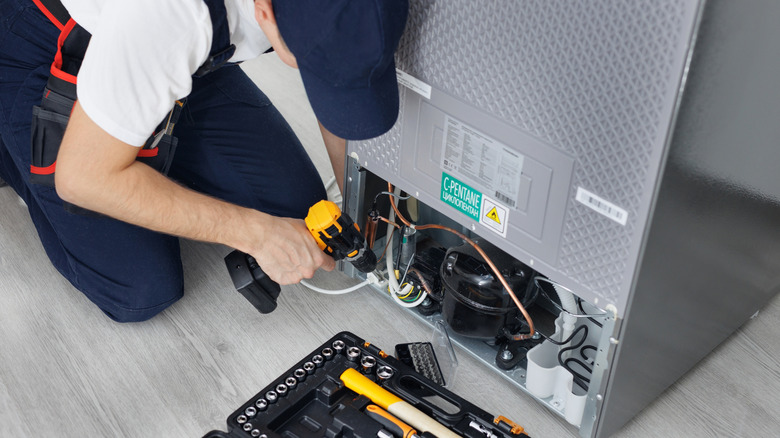 Male professional repairing a refrigerator