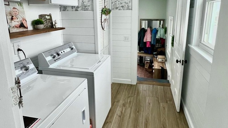 Speed Queen washer and dryer in a laundry room