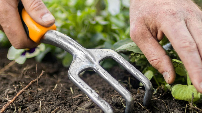 A close-up of person using a hand cultivator from Fiskars' 3-in-1 Garden Tool Set