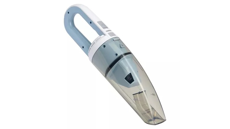 A white and light blue handheld vacuum