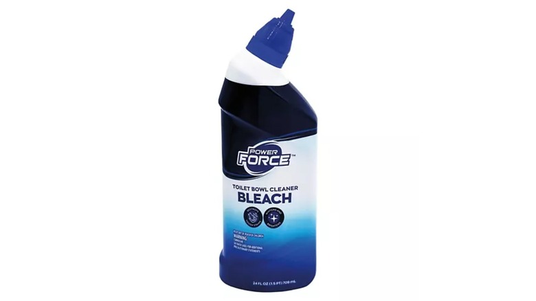 Blue bottle of Power Force Toilet Bowl Cleaner with blue nozzle