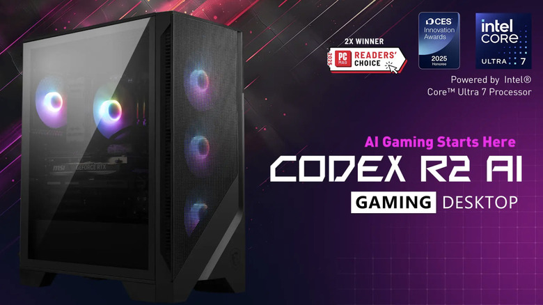 MSI Codex R2 Gaming Desktop on a multi colored backgroun with computer specs