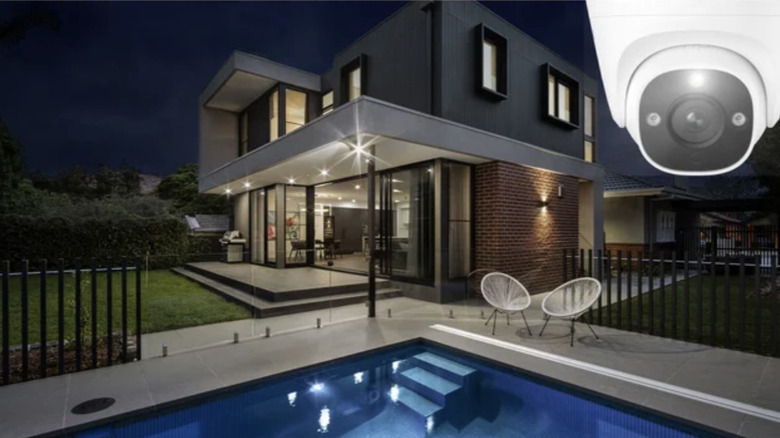 Reolink cameras on a house exterior with a pool and one upclose image of a camera in the righthand corner