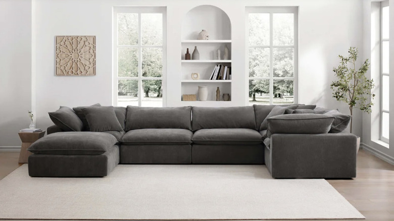 Sereen sectional in a livingroom with bookshelves