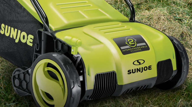 Close-up of Sun Joe's Electric Lawn Dethatcher and Scarifier.