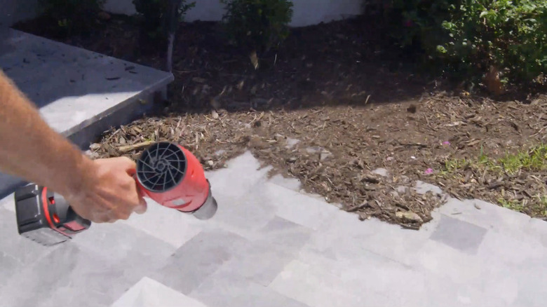 A person clearing garden debris with the Bullseye Cordless 20V Leaf Blower