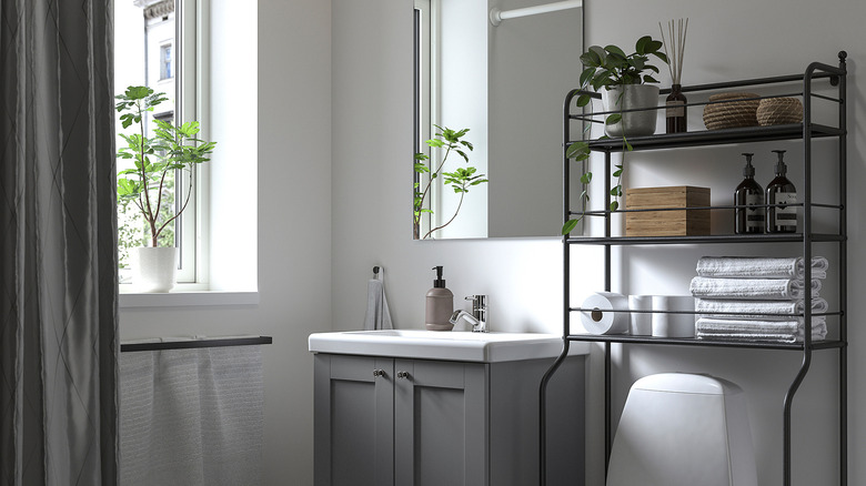The IKEA FRÖSJÖN over the toilet storage shelf in black in a