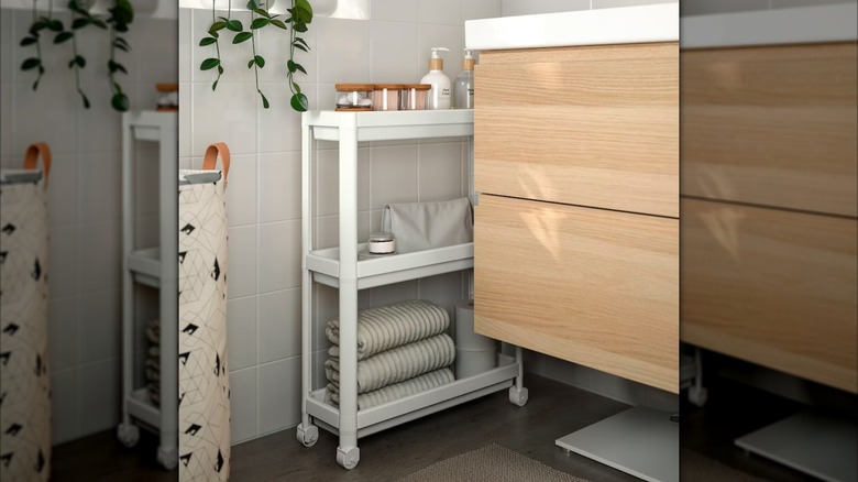 white ikea cart in bathroom